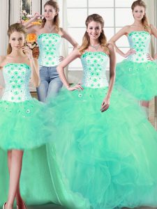 Adorable Four Piece Sleeveless Tulle Floor Length Lace Up Quince Ball Gowns in Turquoise with Beading and Appliques and 