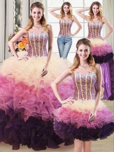 Elegant Four Piece Floor Length Lace Up 15 Quinceanera Dress Multi-color for Military Ball and Sweet 16 and Quinceanera 