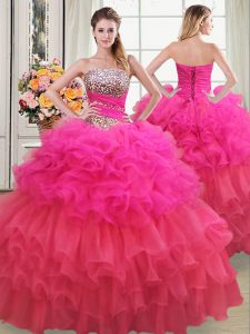 Trendy Multi-color Ball Gowns Organza Strapless Sleeveless Beading and Ruffles and Ruffled Layers and Sequins Floor Leng