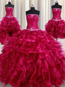 Four Piece Floor Length Burgundy 15 Quinceanera Dress Strapless Sleeveless Lace Up