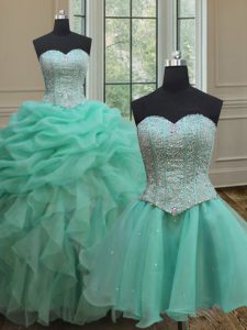 Luxury Three Piece Turquoise Organza Lace Up Sweetheart Sleeveless Floor Length Ball Gown Prom Dress Beading and Ruffles