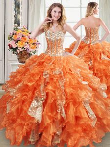 Spectacular Floor Length Lace Up Quinceanera Gown Orange for Military Ball and Sweet 16 and Quinceanera with Beading and