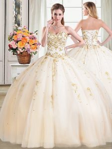 Decent Sleeveless Tulle Floor Length Lace Up Quinceanera Dress in Champagne with Beading