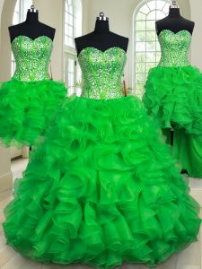 Four Piece Sleeveless Floor Length Beading and Ruffles Lace Up Quinceanera Dress with Green