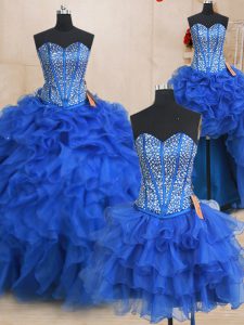 Enchanting Four Piece Royal Blue Sleeveless Organza Lace Up Vestidos de Quinceanera for Military Ball and Sweet 16 and Q