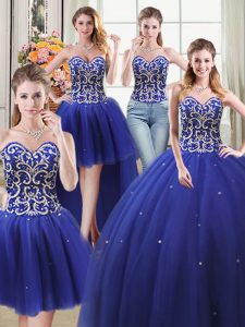 Four Piece Sweetheart Sleeveless Lace Up Quinceanera Gown Royal Blue Tulle