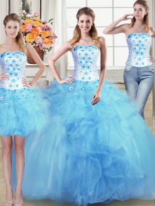 Three Piece Floor Length Ball Gowns Sleeveless Light Blue Quince Ball Gowns Lace Up
