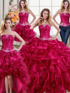 Four Piece Fuchsia Organza Lace Up Quinceanera Gowns Sleeveless Floor Length Beading and Ruffles