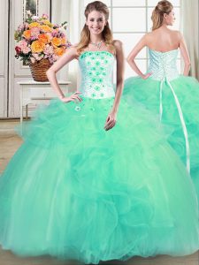Strapless Sleeveless Tulle 15th Birthday Dress Beading and Appliques and Ruffles Lace Up
