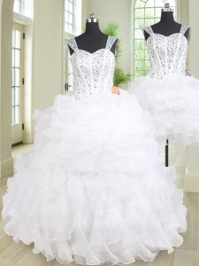 Three Piece Straps Floor Length White 15th Birthday Dress Organza Sleeveless Beading and Ruffles