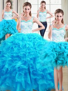 Four Piece Straps Baby Blue Sleeveless Floor Length Beading and Ruffles Lace Up 15th Birthday Dress
