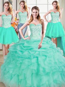 Four Piece Sweetheart Sleeveless Quinceanera Gown Floor Length Beading and Ruffles and Pick Ups Apple Green Organza