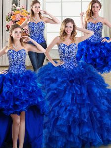 Glamorous Four Piece Ball Gowns Sleeveless Royal Blue Ball Gown Prom Dress Brush Train Lace Up