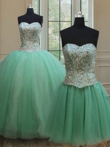 Three Piece Apple Green Ball Gowns Beading Quinceanera Gowns Lace Up Tulle Sleeveless Floor Length