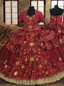 Dramatic Ruffled Wine Red Sleeveless Taffeta and Lace Lace Up Vestidos de Quinceanera for Military Ball and Sweet 16 and