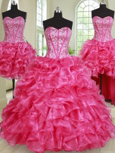 Shining Four Piece Beading and Ruffles Quinceanera Gown Hot Pink Lace Up Sleeveless Floor Length