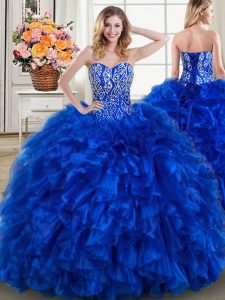 Sweetheart Sleeveless Sweet 16 Quinceanera Dress With Brush Train Beading and Ruffles Royal Blue Organza