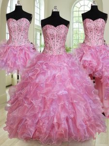 Four Piece Organza Sleeveless Floor Length 15 Quinceanera Dress and Beading and Ruffles