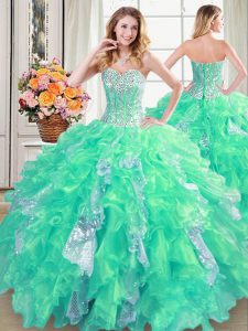 Turquoise Sleeveless Floor Length Beading and Ruffles and Sequins Lace Up Quinceanera Dress