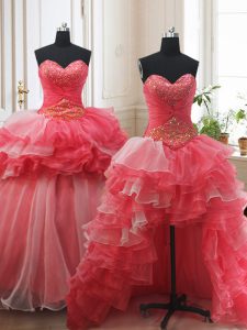 Colorful Three Piece White and Coral Red Ball Gowns Beading and Ruffled Layers Ball Gown Prom Dress Lace Up Organza Slee