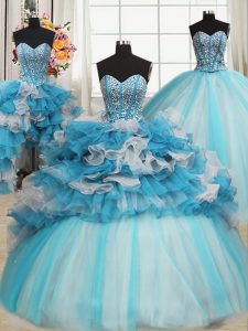 High End Blue And White Organza and Tulle Lace Up Sweetheart Sleeveless Floor Length Quinceanera Dresses Beading and Ruf