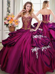 Sleeveless Taffeta Floor Length Lace Up Vestidos de Quinceanera in Burgundy with Beading and Appliques and Pick Ups