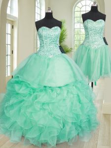 Three Piece Sleeveless Floor Length Beading and Ruffles Lace Up 15th Birthday Dress with Turquoise