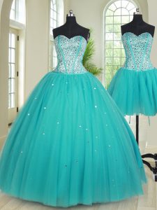 Three Piece Sweetheart Sleeveless Lace Up Sweet 16 Quinceanera Dress Aqua Blue Tulle