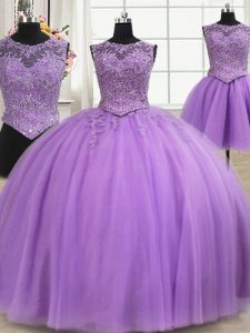 Glittering Three Piece Ball Gowns Quinceanera Gown Lilac Scoop Tulle Sleeveless Floor Length Lace Up