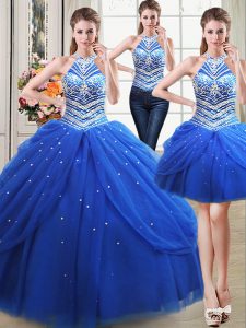 Three Piece Halter Top Sleeveless Tulle 15 Quinceanera Dress Beading and Pick Ups Lace Up