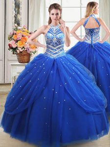 Halter Top Sleeveless Floor Length Beading and Pick Ups Lace Up Sweet 16 Dresses with Royal Blue