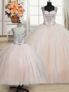 Elegant Straps Beading 15 Quinceanera Dress Pink Zipper Sleeveless Floor Length
