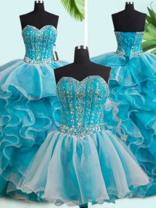 Three Piece White Sweetheart Neckline Beading and Ruffles Ball Gown Prom Dress Sleeveless Lace Up