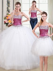 Amazing Three Piece White Sleeveless Beading Floor Length 15 Quinceanera Dress