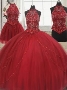 Three Piece Red Halter Top Lace Up Beading Vestidos de Quinceanera Court Train Sleeveless