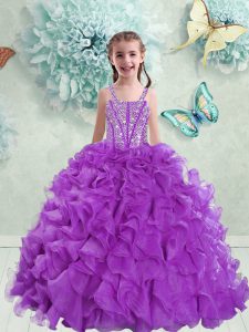 Eggplant Purple Straps Lace Up Beading and Ruffles Little Girl Pageant Gowns Sleeveless