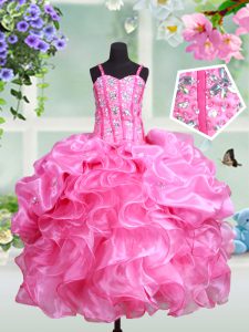 Straps Sleeveless Organza Pageant Dress for Girls Beading and Ruffles and Pick Ups Lace Up