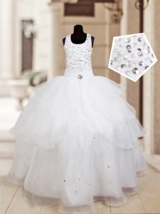 Halter Top Floor Length Lace Up Flower Girl Dress White for Quinceanera and Wedding Party with Beading and Ruffled Layer