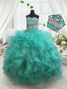 Gorgeous Floor Length Turquoise Little Girls Pageant Dress Wholesale Sweetheart Sleeveless Lace Up