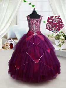 Discount Square Dark Purple Sleeveless Tulle Lace Up Little Girl Pageant Gowns for Quinceanera and Wedding Party