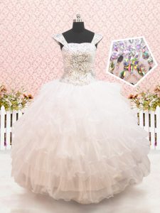 Excellent White Ball Gowns Organza Straps Cap Sleeves Beading and Ruffled Layers Floor Length Lace Up Toddler Flower Gir