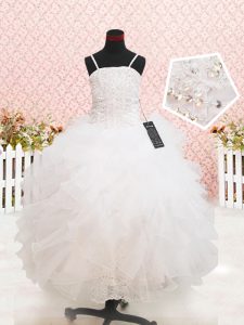 Nice White Ball Gowns Beading and Lace and Ruffles Toddler Flower Girl Dress Zipper Organza Sleeveless Floor Length