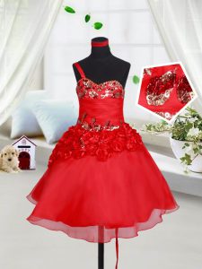 Best Selling One Shoulder Red Sleeveless Sequins and Hand Made Flower Mini Length Toddler Flower Girl Dress