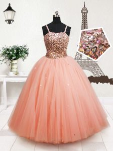 Admirable Sequins Straps Sleeveless Zipper Pageant Dress Wholesale Peach Tulle