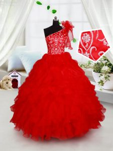 New Arrival One Shoulder Sleeveless Lace Up Floor Length Beading and Ruffles and Hand Made Flower Pageant Dress Toddler