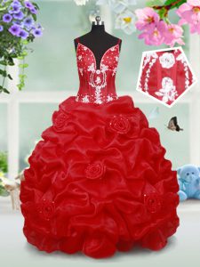 Pick Ups Floor Length Ball Gowns Sleeveless Red Kids Formal Wear Lace Up