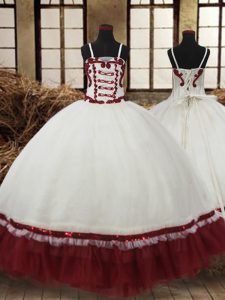 Captivating Straps Sleeveless Lace Up Flower Girl Dress White and Wine Red Satin and Organza