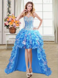 Pretty Baby Blue Sleeveless Beading and Ruffles and Sequins High Low Club Wear