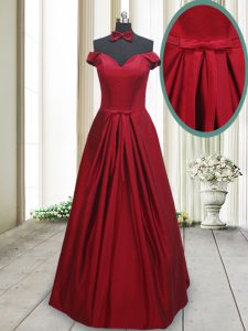 Modern Off the Shoulder Wine Red Sleeveless Ruching and Bowknot Floor Length Prom Evening Gown