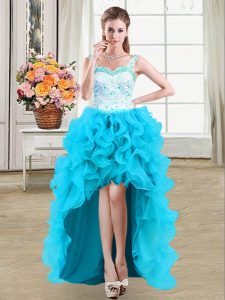 Flare Straps Sleeveless Lace Up High Low Beading and Appliques and Ruffles Cocktail Dress